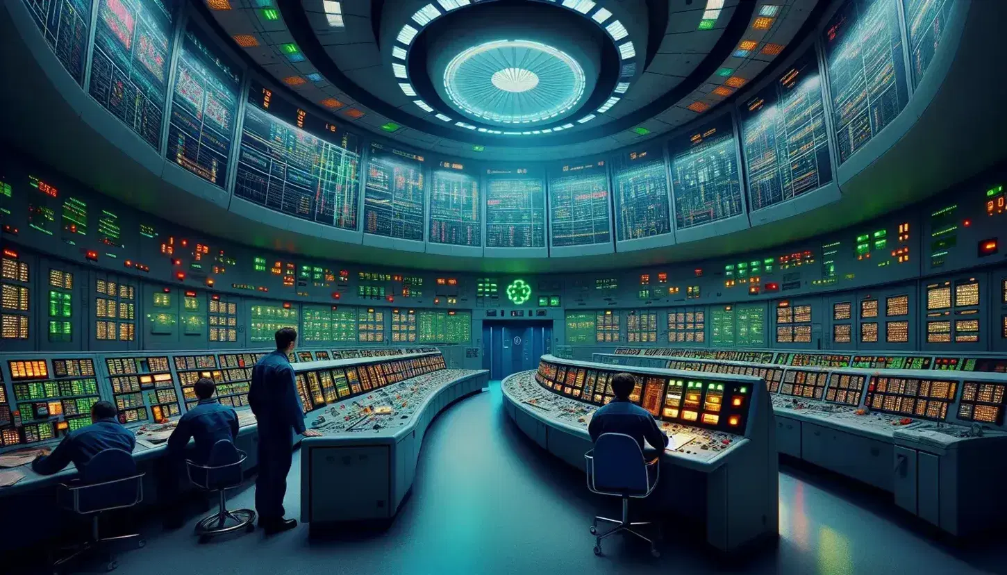 Sala di controllo di un reattore nucleare con operatori al lavoro, pannelli di controllo illuminati e schermi con dati in tempo reale.