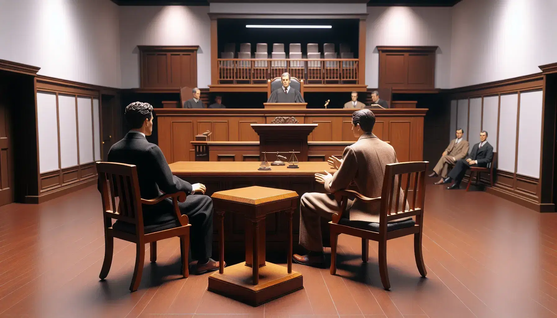 Courtroom with judge's bench, podium for lawyers and two people sitting at a table in formal clothes, soft lighting and empty benches.