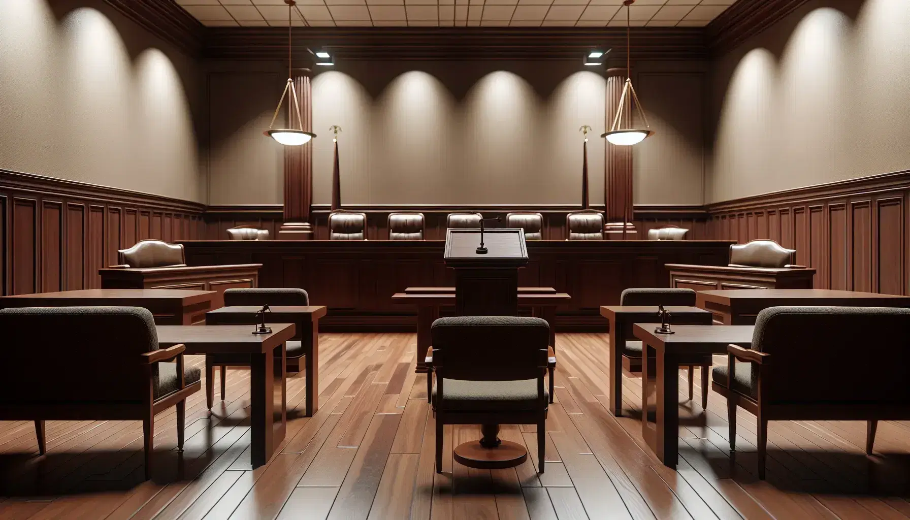 Empty courtroom with judge's bench, witness stand, jury box with cushioned chairs, and two tables with legal pads and pens, under soft lighting.