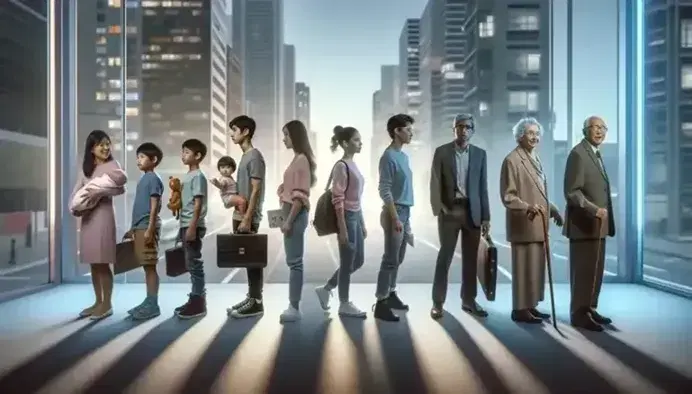 Multi-ethnic group of people lined up by age on blurred urban background, from children to elderly, wearing pastel to warm toned clothing.