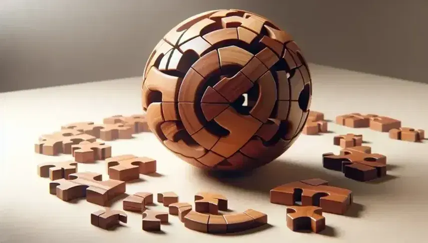 Partially disassembled wooden sphere puzzle on a light beige table, with interlocking pieces showcasing intricate design and natural wood grain.