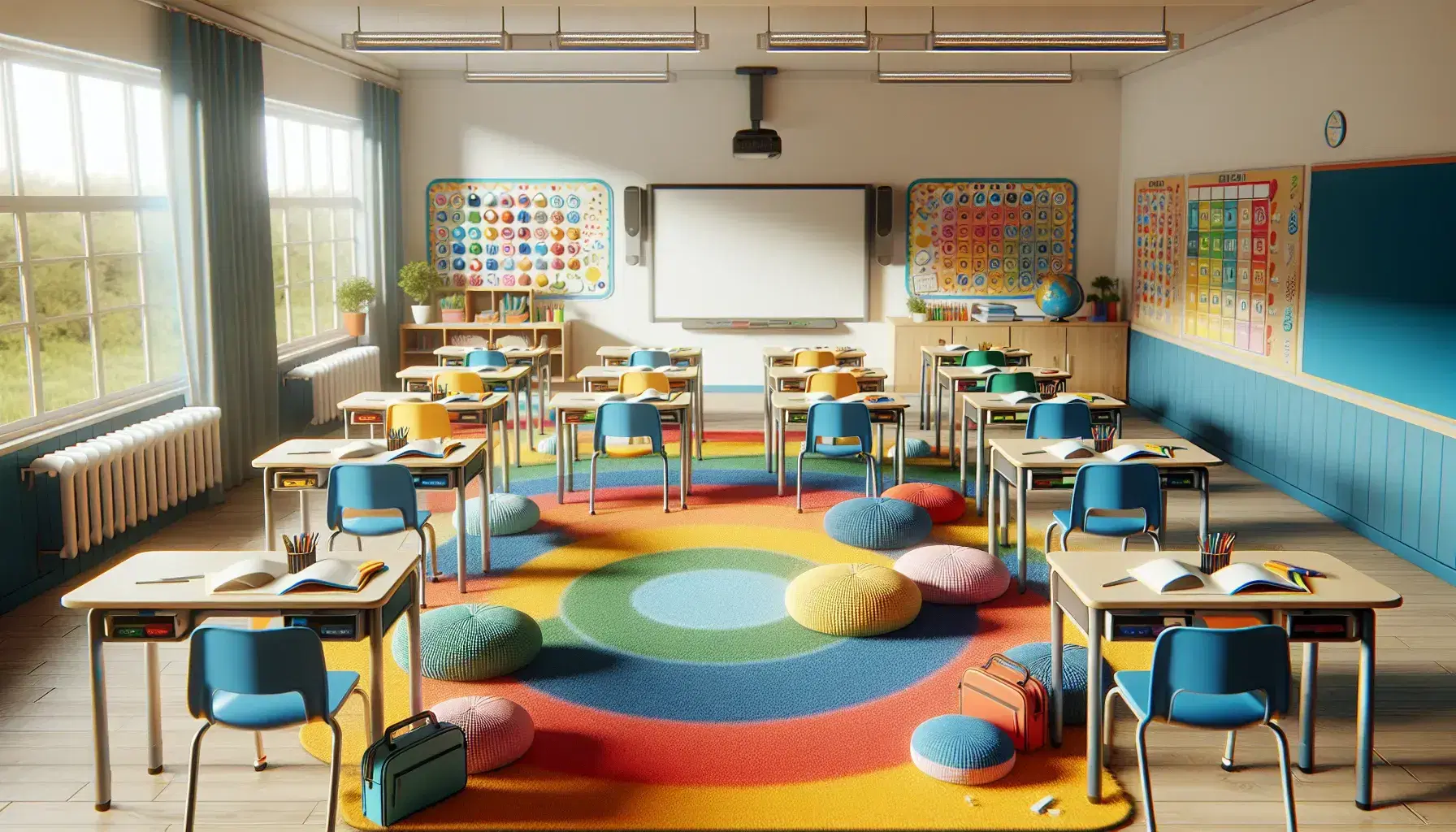 Aula escolar colorida con filas de pupitres de madera, sillas azules, alfombra circular y cojines, pizarrón blanco limpio, estantería con libros y planta verde.