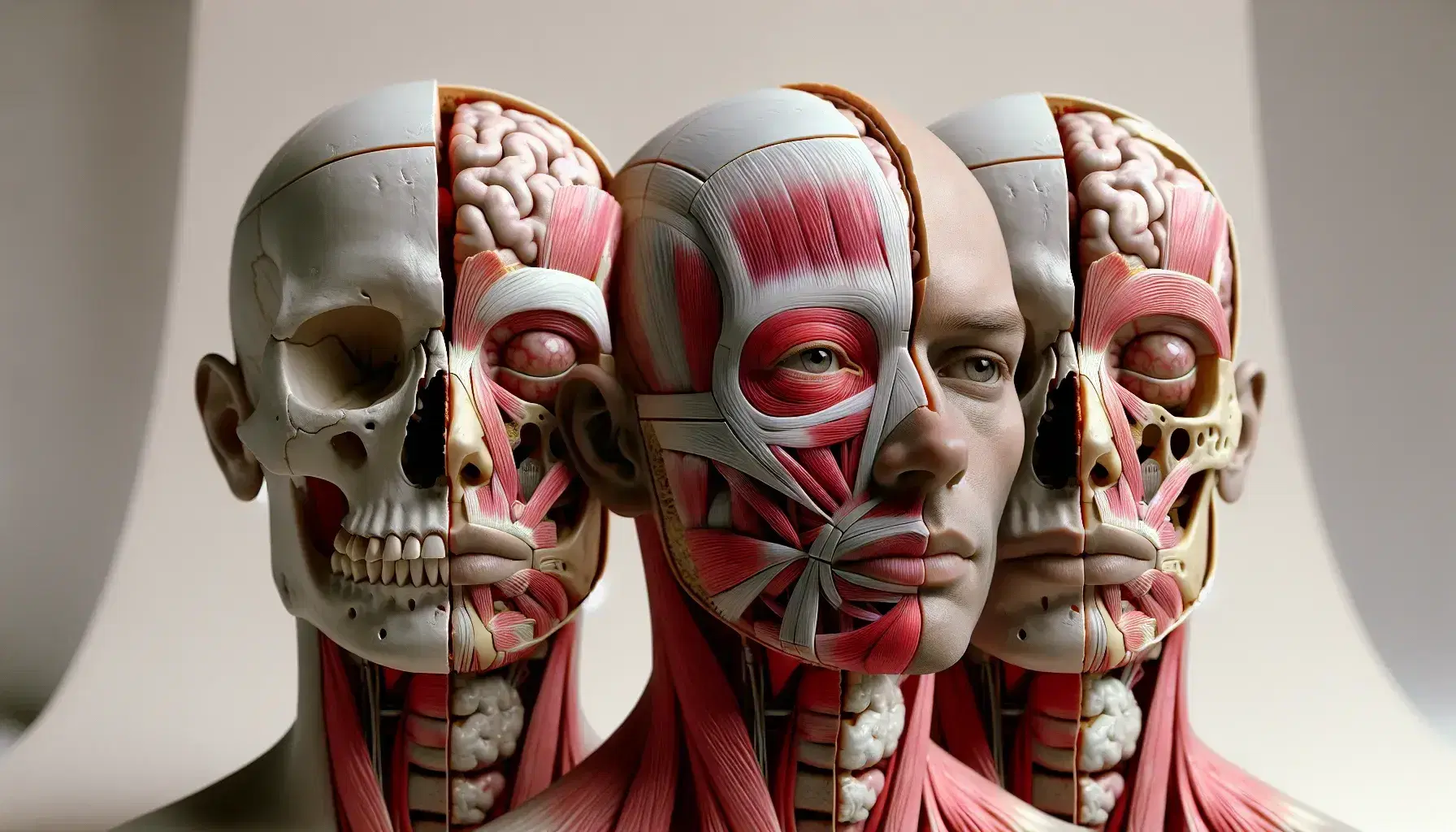 Modelos anatómicos de cabezas humanas en secuencia, mostrando piel, músculos, cavidad nasal, cráneo y cerebro en secciones transversales y longitudinales.