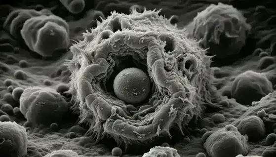 Micrografía electrónica de barrido en tonos grises mostrando un macrófago en proceso de fagocitosis envolviendo una partícula esférica, con texturas y contrastes marcados.