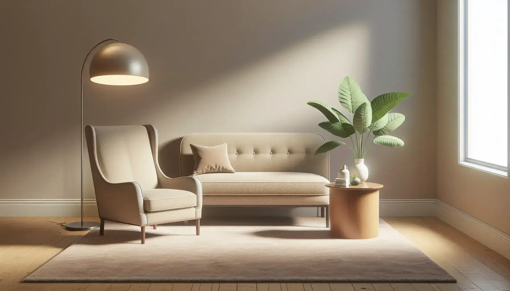 Peaceful therapeutic office with beige comfortable armchair, therapy sofa, wooden coffee table, green plant and floor lamp.