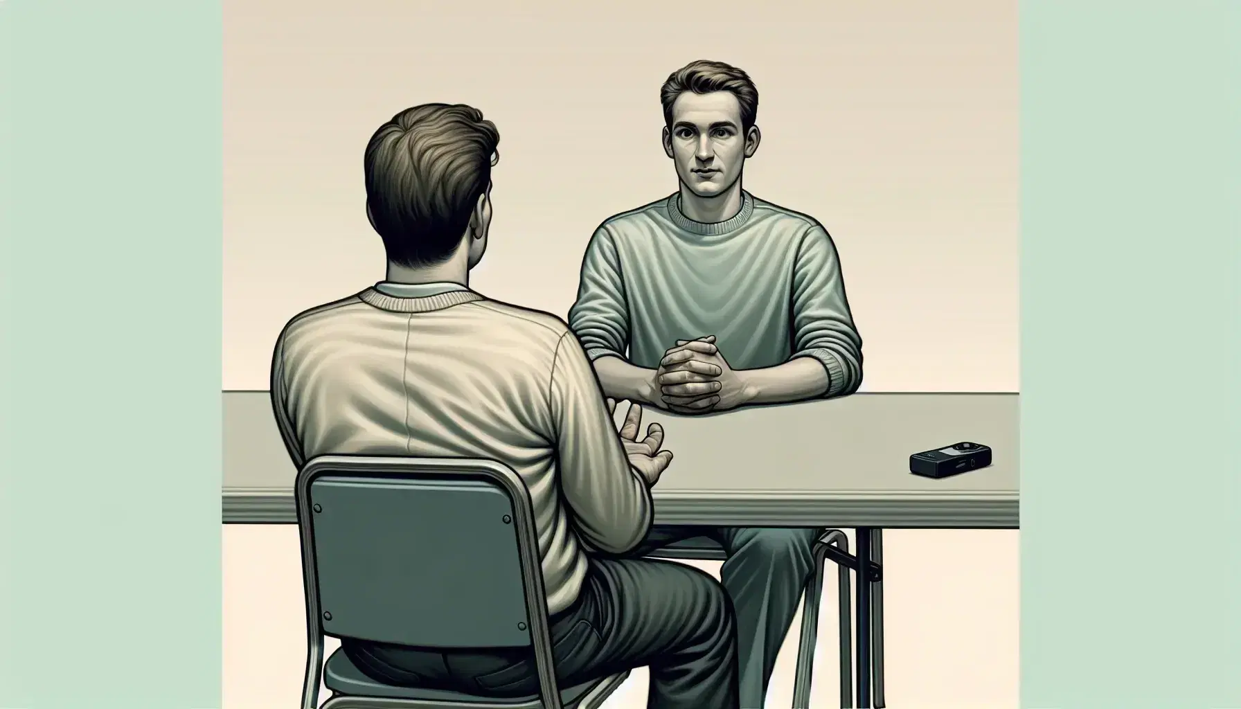 Two people sitting at a table during an interview with a voice recorder turned on, in a neutral colored room.