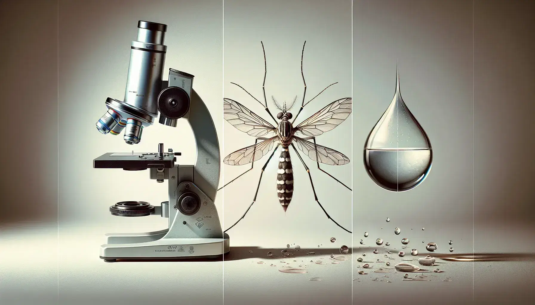 Microscopio de laboratorio metálico, mosquito Aedes aegypti con rayas blancas y gota de agua suspendida, elementos aislados sobre fondo neutro.