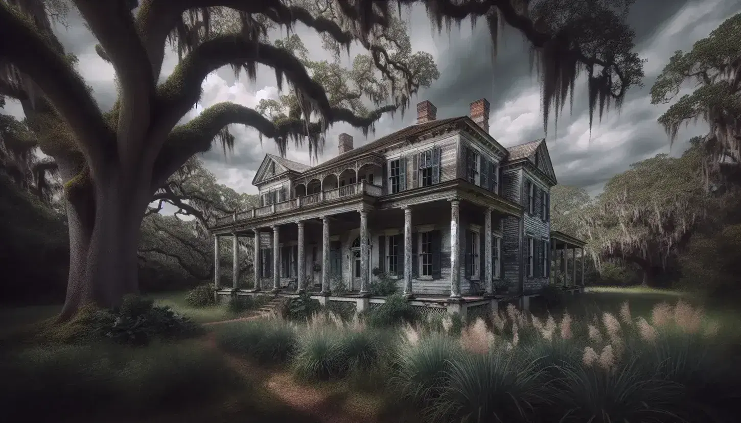 Weathered Southern plantation house with peeling paint, broken windows, and overgrown garden under a brooding overcast sky, exuding eerie abandonment.