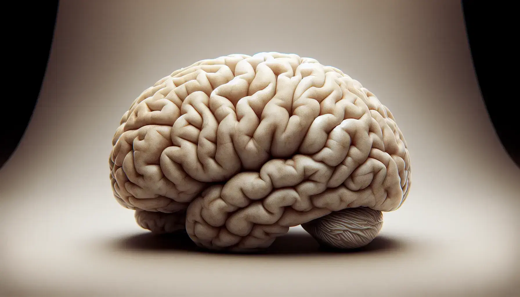 Vista lateral de un cerebro humano mostrando las convoluciones y surcos del córtex cerebral en tonos grises y beige sobre fondo neutro.