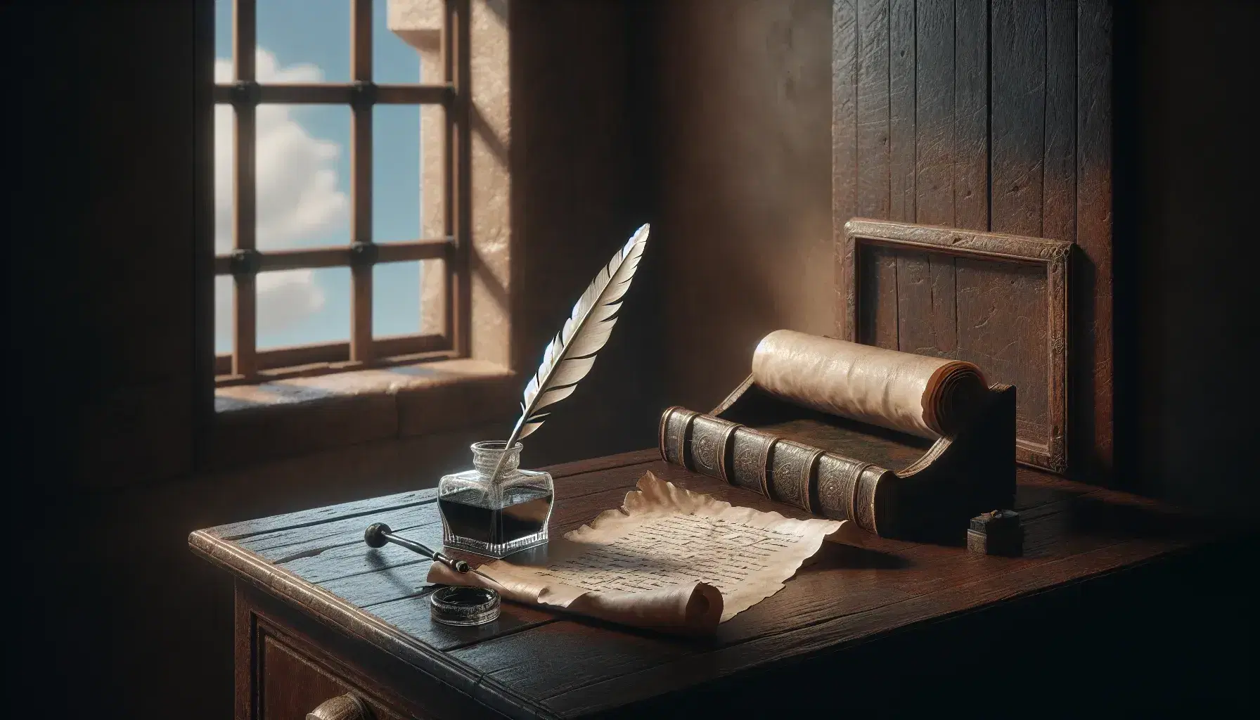 Scrivania antica in legno scuro con calamaio di vetro, penna d'oca, pergamena e libro chiuso, sotto una finestra con vista cielo azzurro.