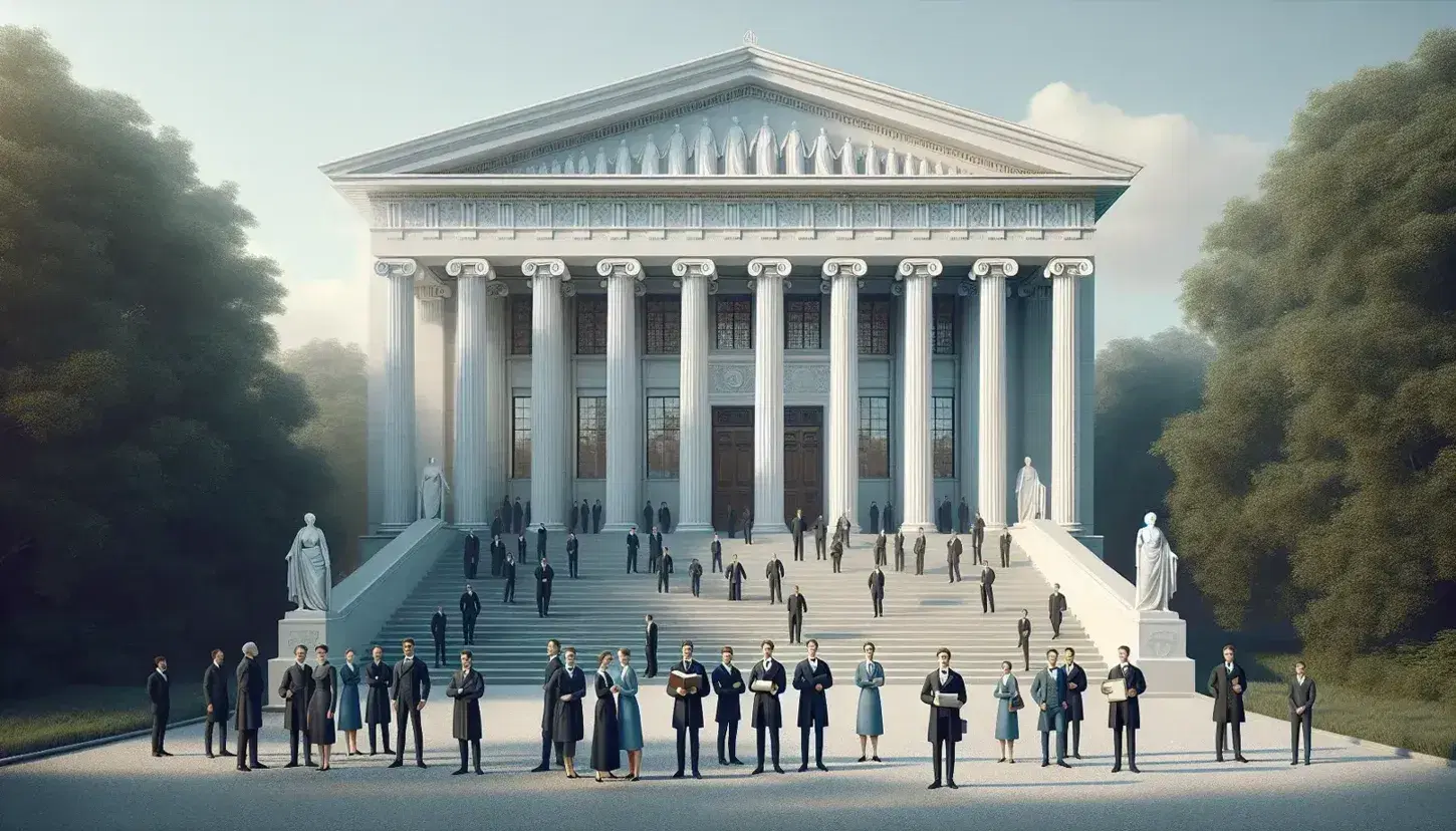 Grupo de personas elegantes frente a edificio neoclásico con columnas y pedimento, mujer con traje azul y libro, hombre con documento enrollado, cielo azul y vegetación.