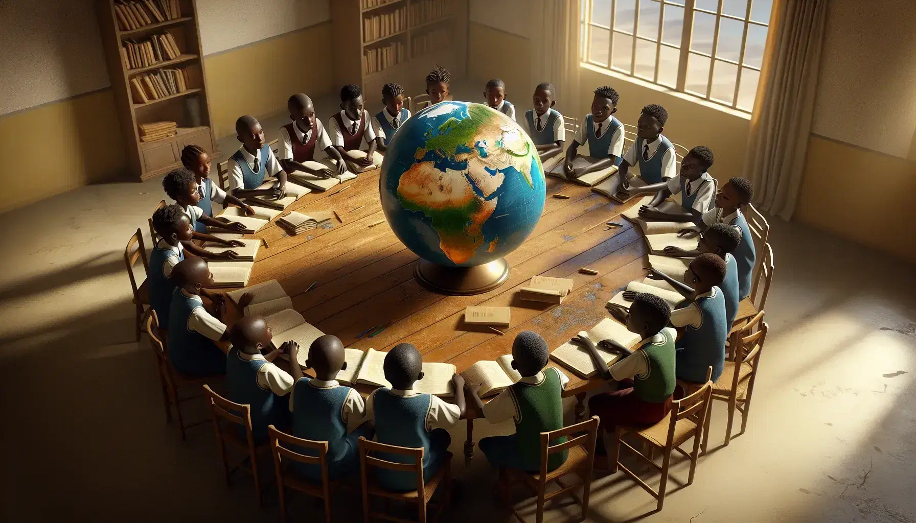 African schoolchildren in colorful uniforms engage in a discussion around a table with a label-free globe centered on Africa, in a sunlit classroom.