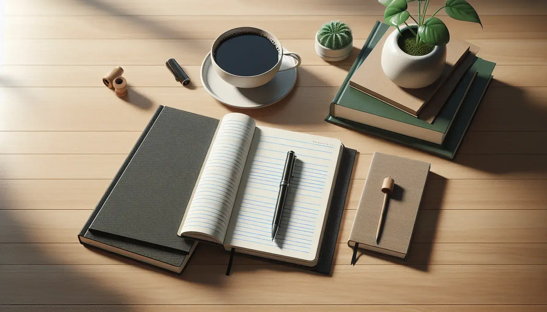 Mesa de madera clara con cuaderno abierto, libro verde, pluma negra y planta en maceta blanca junto a taza de café.