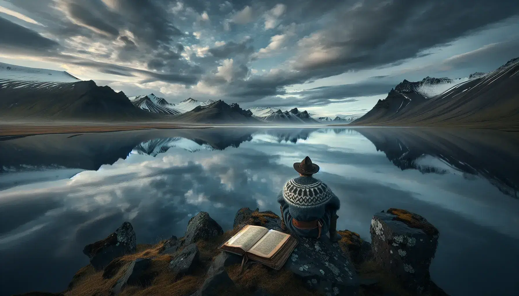 Paesaggio islandese con uomo in abiti tradizionali seduto su roccia, riflessione di montagne innevate in lago calmo, cielo nuvoloso.