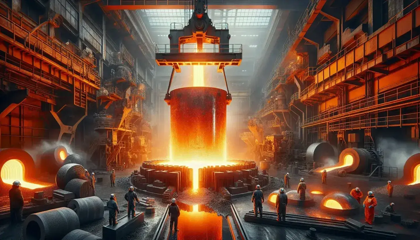 Fonderia industriale con operai in attrezzatura protettiva che colano metallo fuso incandescente in uno stampo, circondati da macchinari pesanti.