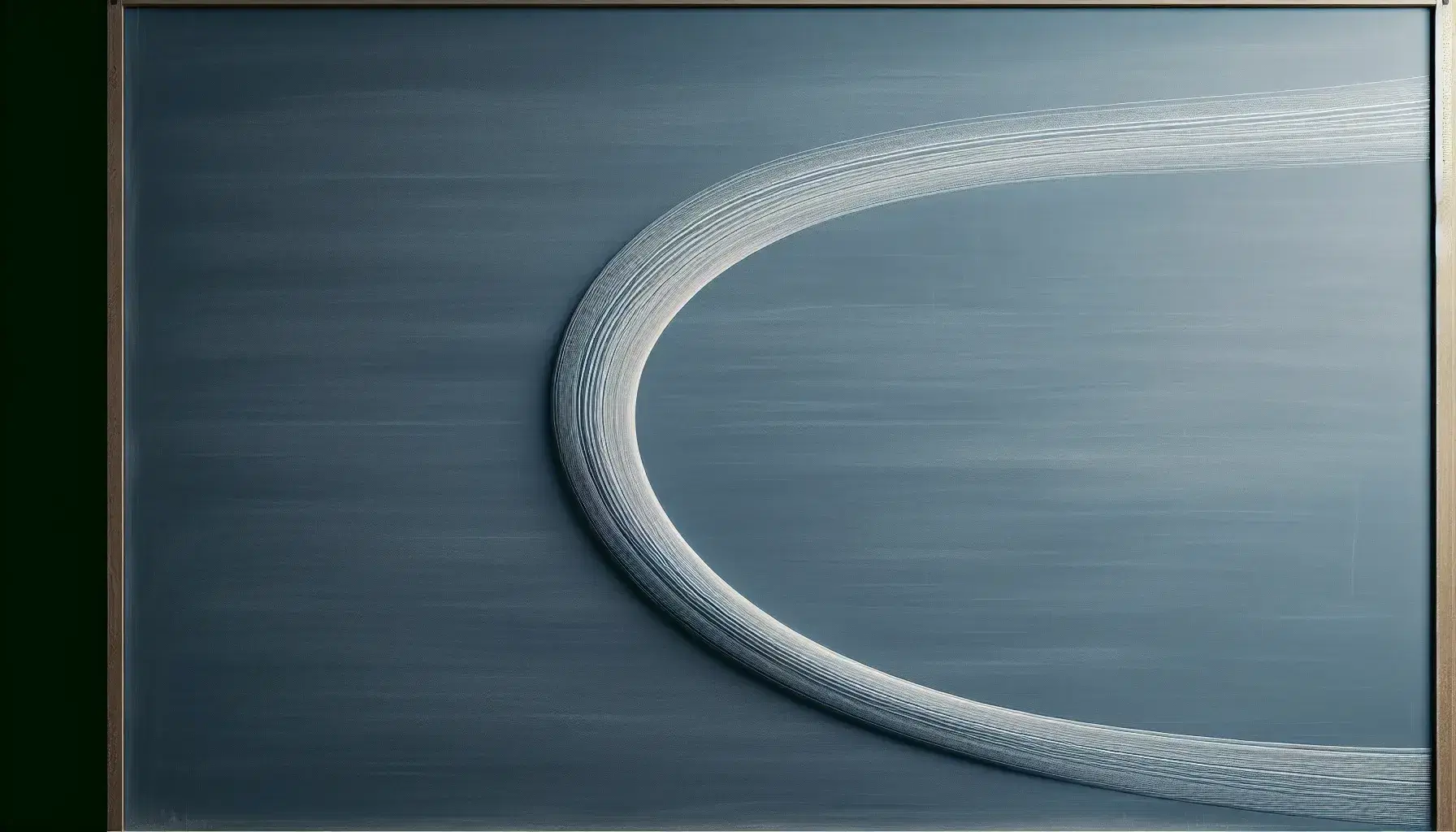 Close-up view of a white chalkboard with a seamless light blue chalk curve, interrupted by a small, circular gap in the center, on a plain background.