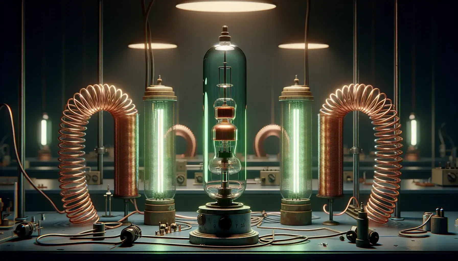 Laboratory with active cathode ray tube, copper Helmholtz coils and table with spherical atomic models of various elements.