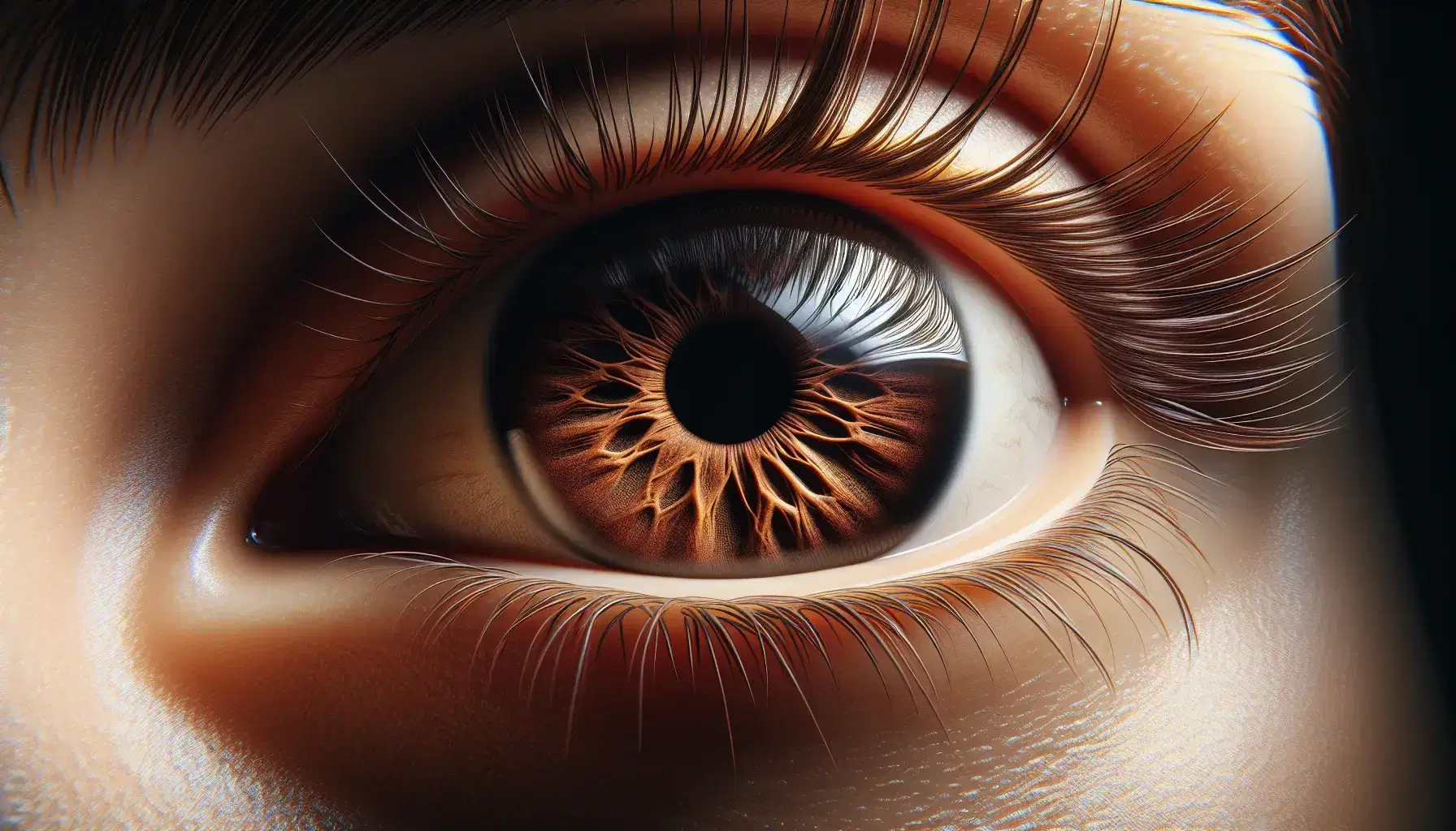 Close-up of a human eye with dark brown, detailed iris, black pupil, shiny sclera and curved eyelashes on blurred background.