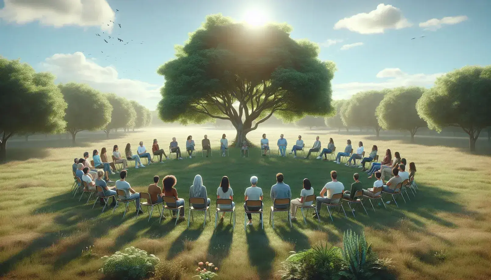 Grupo diverso de adultos sentados en círculo en un parque, bajo un árbol frondoso, en una sesión de aprendizaje colaborativo al aire libre.