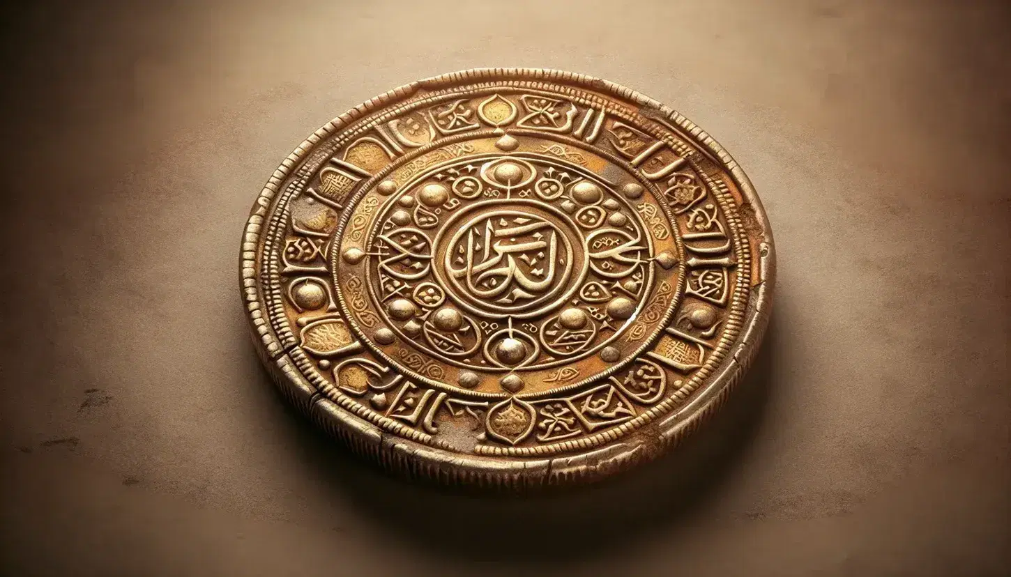 Ancient Umayyad gold dinar coin from Abd al-Malik ibn Marwan's era, showcasing intricate geometric and floral patterns on a neutral background.
