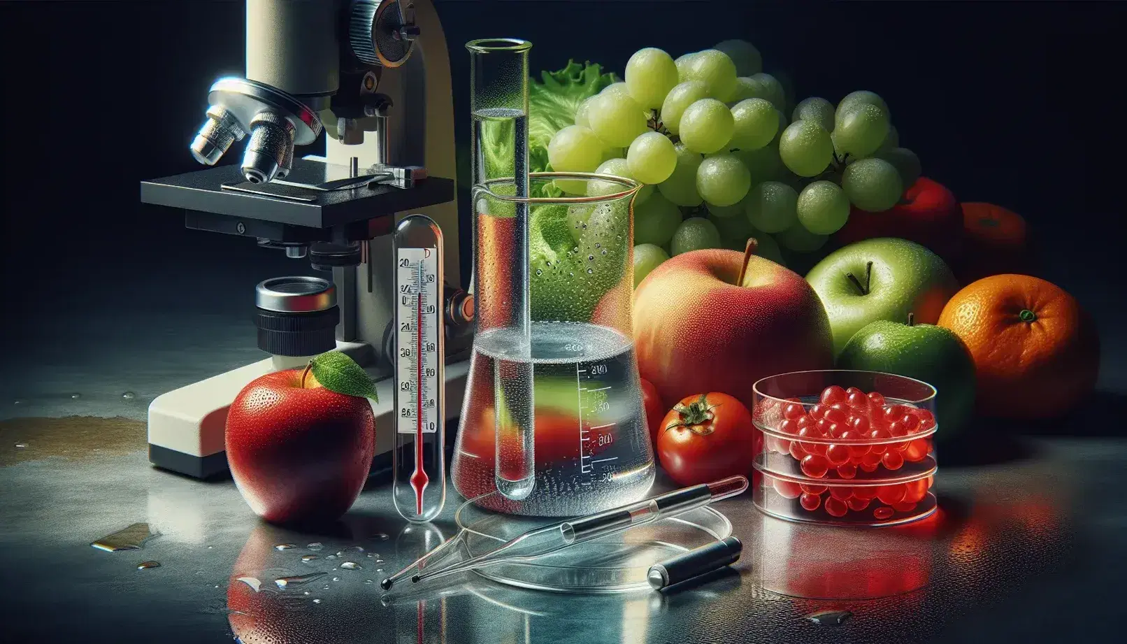 Laboratorio con beaker y líquido incoloro, termómetro de vidrio, Petri con gel rojo, frutas frescas y microscopio al fondo.