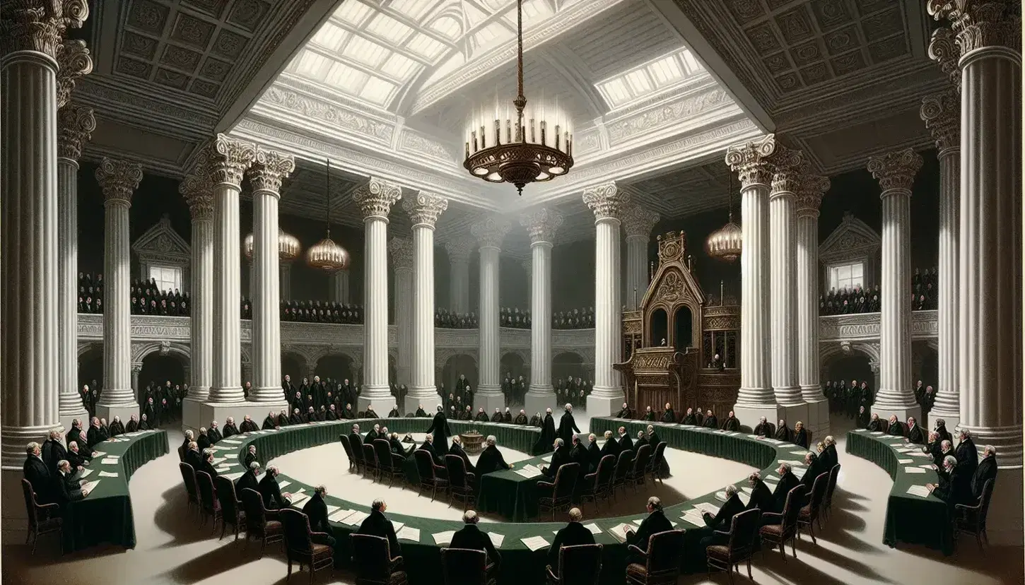 Salón solemne con columnas blancas, mesas en forma de herradura con manteles verdes, figuras humanas vestidas formalmente y silla elevada para autoridad.