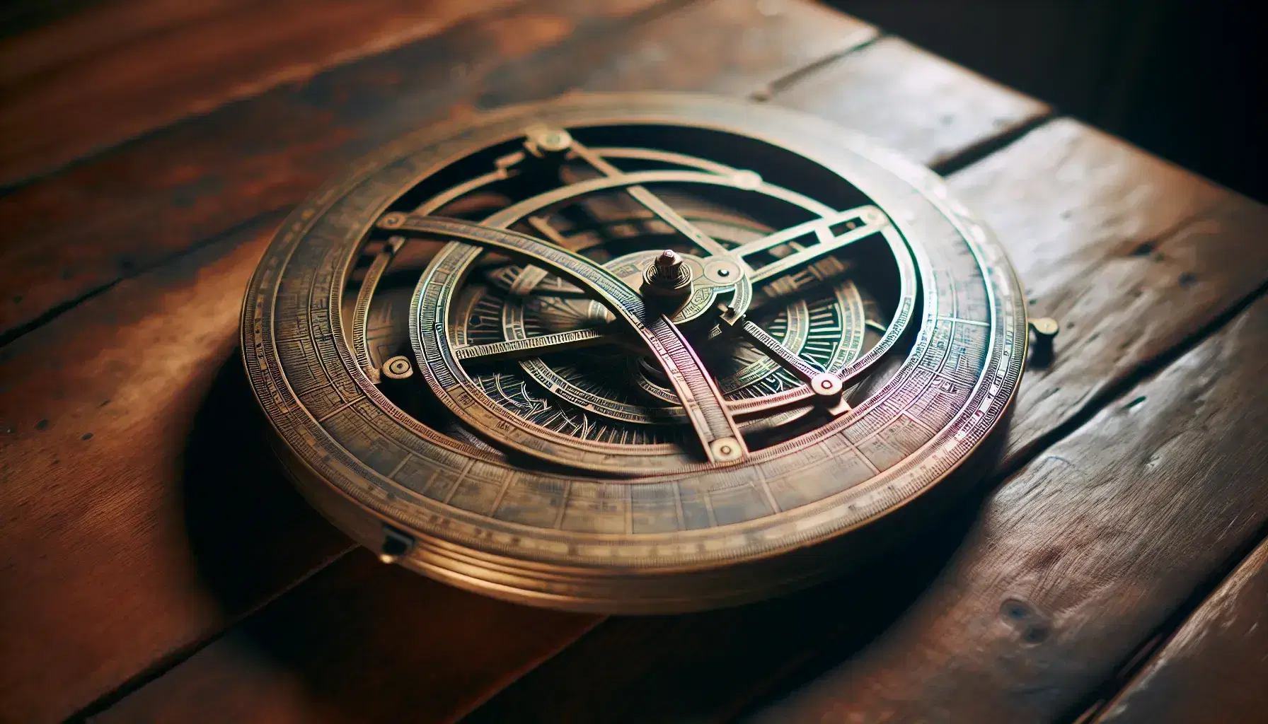 Astrolabe antiguo de bronce sobre mesa de madera oscura, con anillos concéntricos y líneas grabadas que forman un mapa estelar, iluminado suavemente por la izquierda.