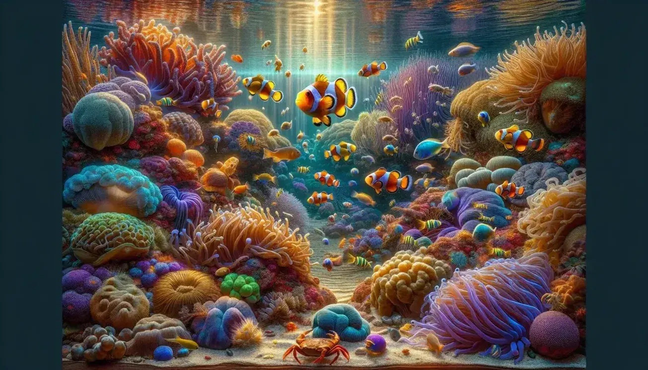 Arrecife de coral submarino con pez payaso entre anémonas, peces de colores, corales variados y cangrejo camuflado, bajo luz solar filtrada.