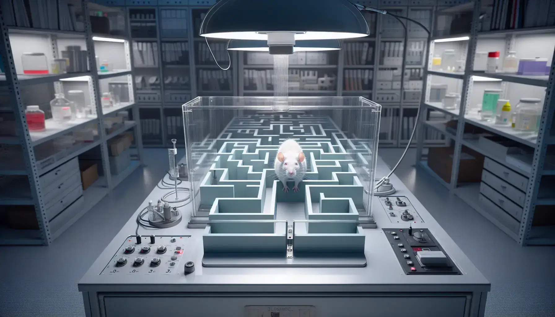 Ratto bianco in un labirinto a T trasparente in un laboratorio di psicologia sperimentale con apparecchiature elettroniche e illuminazione fredda.