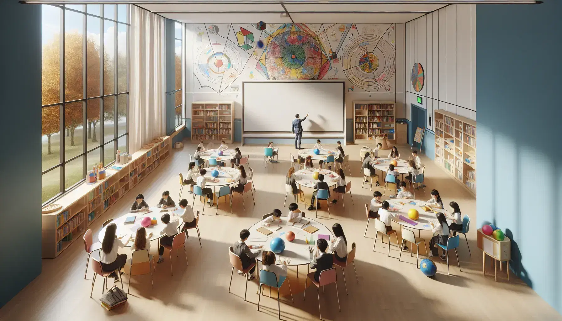 Aula espaciosa y luminosa con estudiantes de diversas edades colaborando en mesas redondas, un profesor gestualizando y decoraciones coloridas en las paredes.