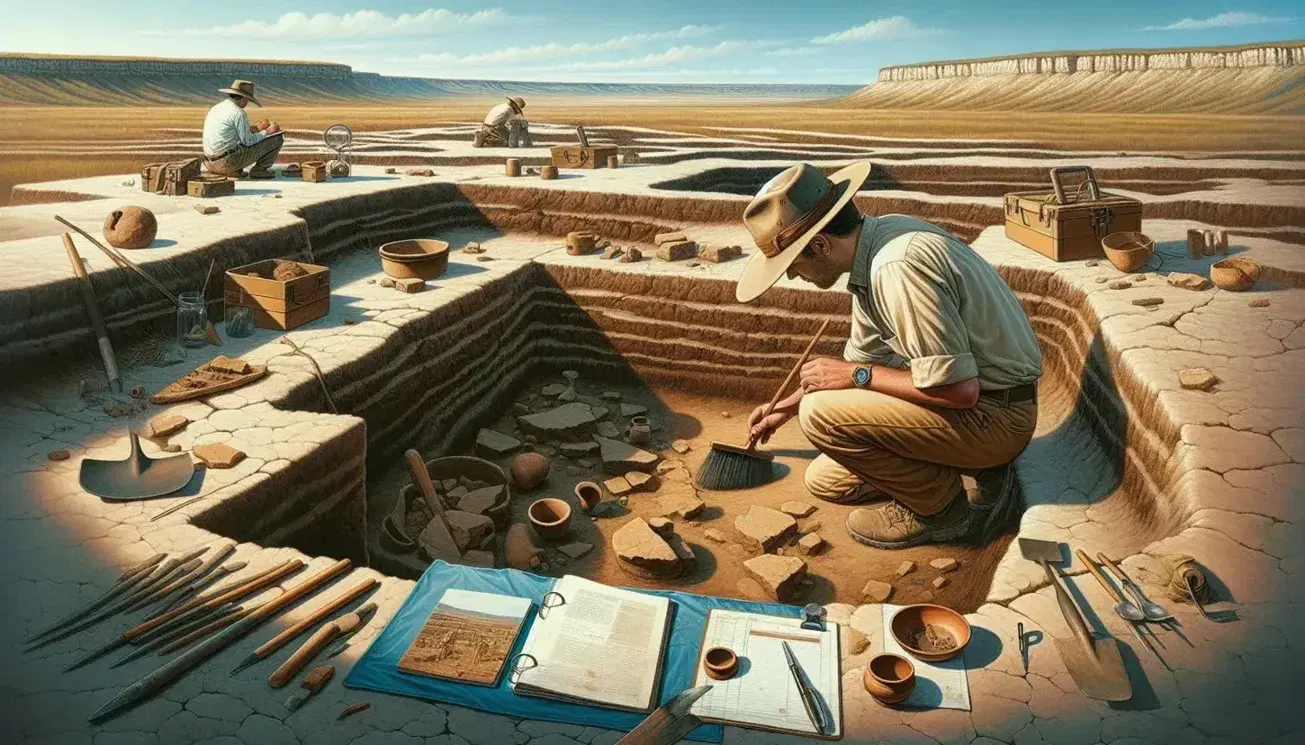 Scavo archeologico in corso con archeologo che spazzola terra da reperti e collega che annota, attrezzi in primo piano e paesaggio arido sullo sfondo.