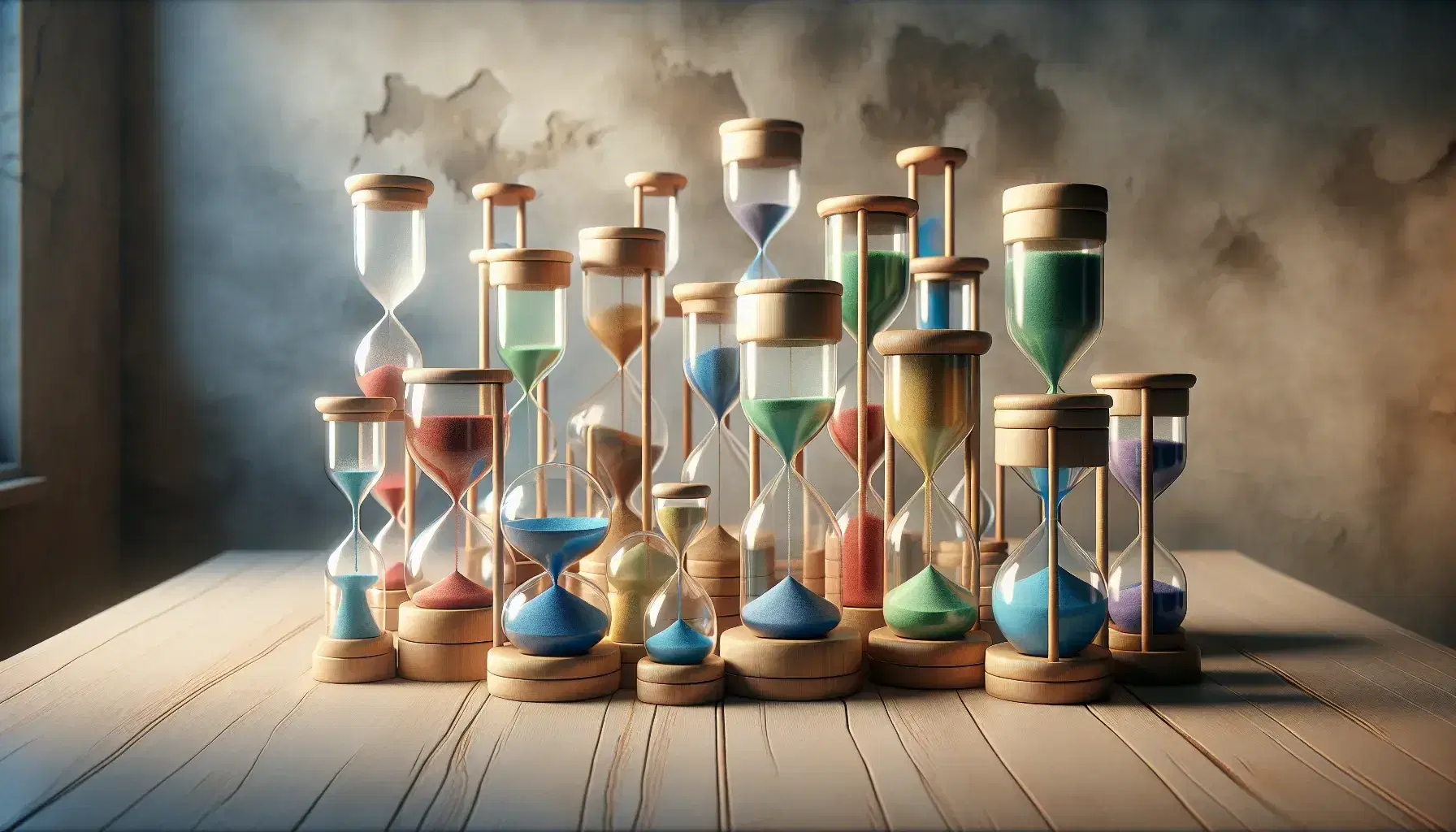 Colección de relojes de arena de distintos tamaños y colores sobre superficie de madera clara con fondo de pared de piedra antigua.