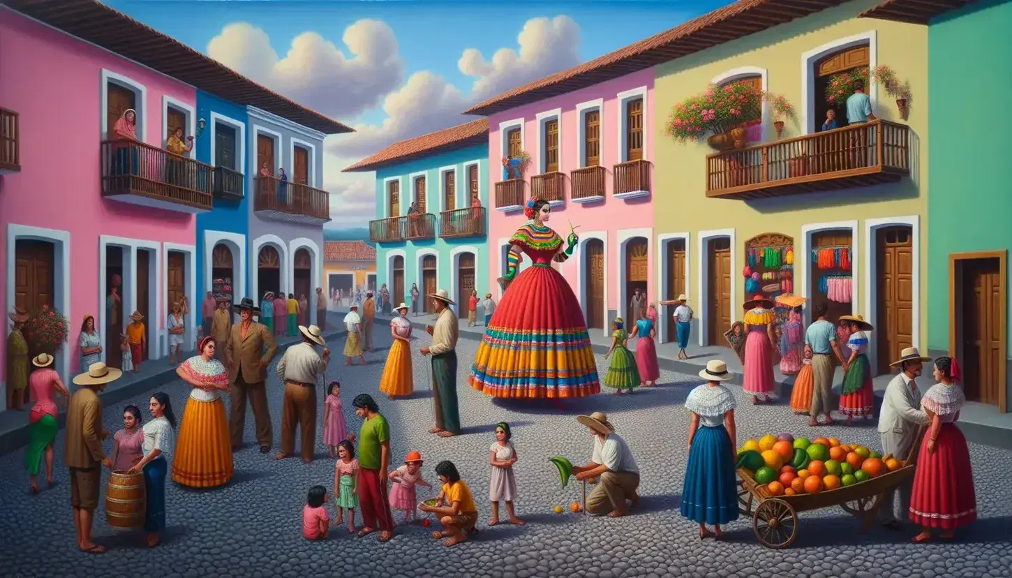 Pintura al óleo de una plaza pública en un pueblo latinoamericano con una mujer en traje tradicional colorido y personas realizando diversas actividades, rodeadas de edificios coloniales y un cielo azul.