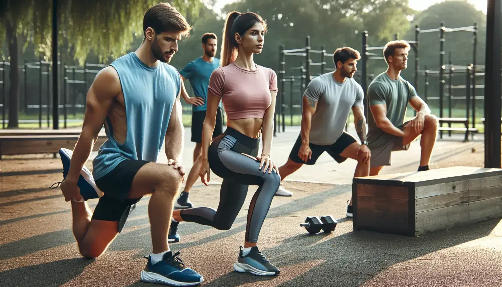 Grupo de cinco personas ejercitándose en un parque, con estiramientos, carrera y levantamiento de pesas, en un día soleado con cielo azul y vegetación.