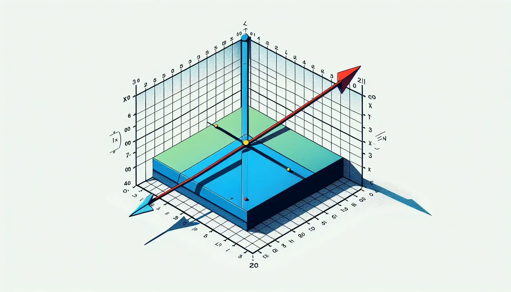 3D coordinate system with a blue vector extending from the origin, its red perpendicular projection onto a green plane, and intersection marked by a yellow dot.
