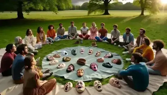 Grupo diverso de personas sentadas en círculo en un parque con máscaras teatrales expresivas en el centro, reflejando emociones en un entorno natural tranquilo.