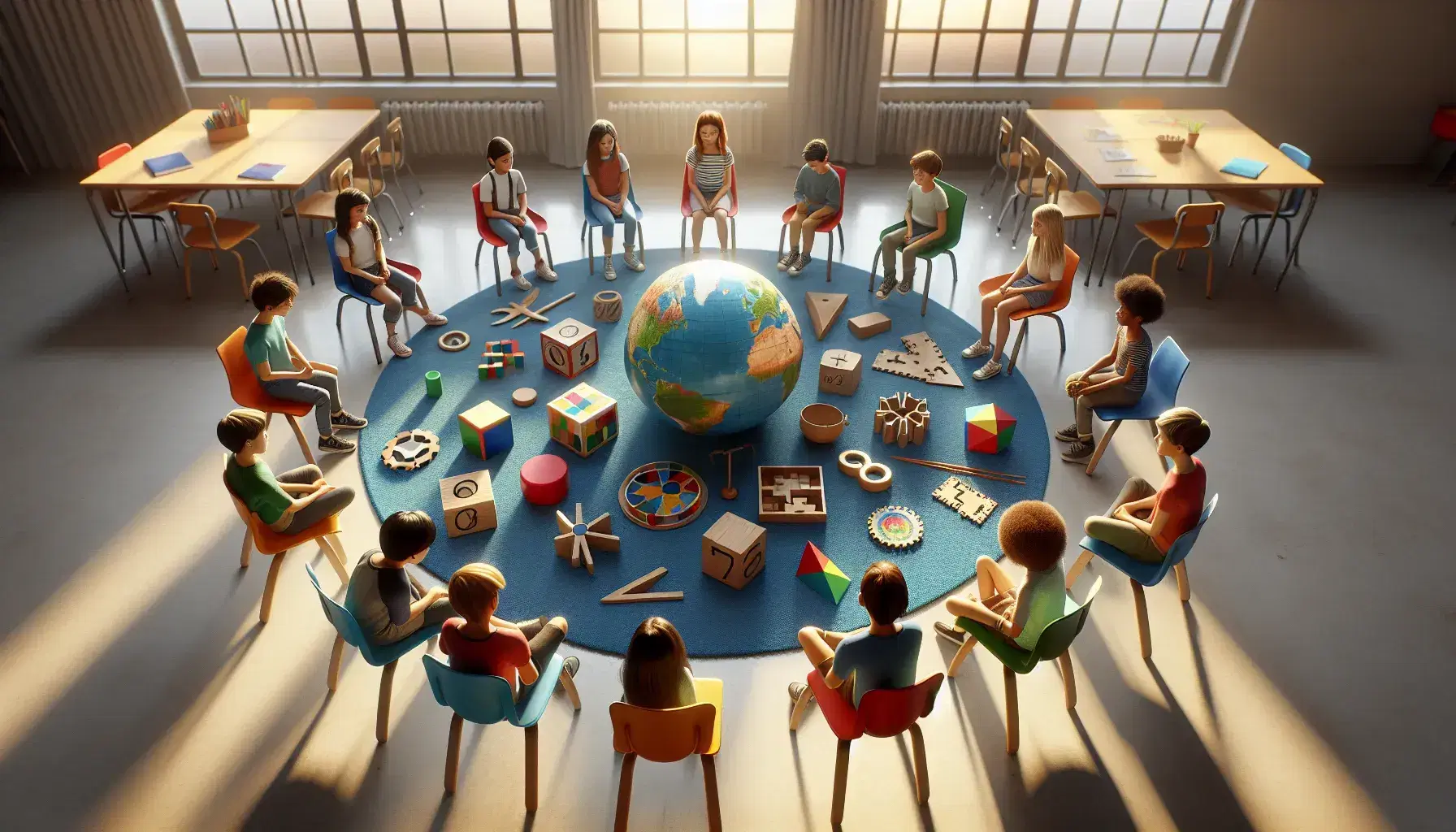 Studenti di varie età seduti in cerchio su sedie colorate in aula luminosa, interagiscono con oggetti didattici come blocchi geometrici e un globo.