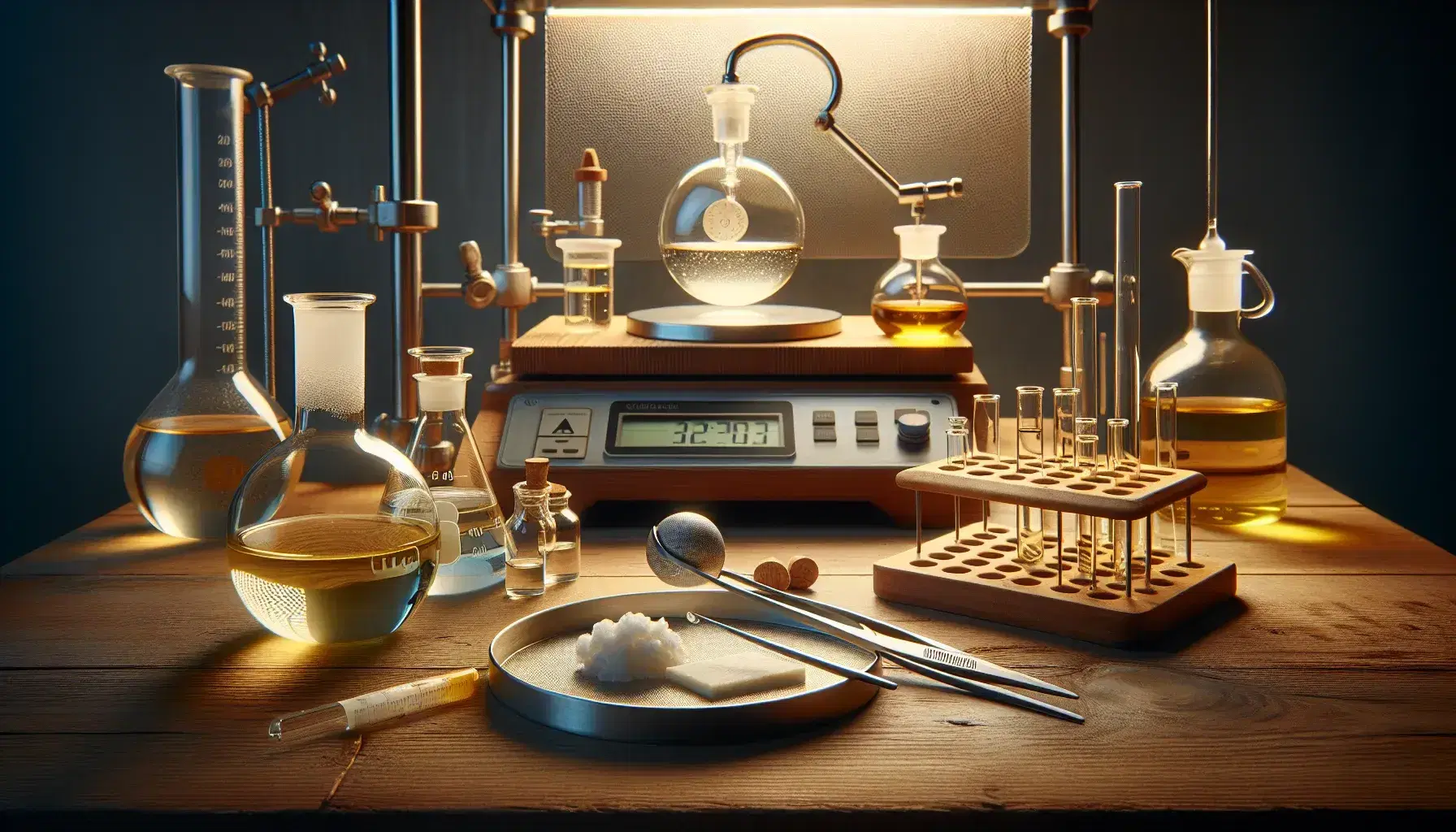 Laboratory with round bottom flask containing pale yellow liquid, digital scale with crystalline substance and colored test tubes on wooden bench.