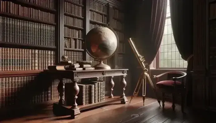 Biblioteca antigua con estantes de madera oscura llenos de libros, mesa central con globo terráqueo antiguo y telescopio de latón, silla con cojín rojo y cortinas de terciopelo.