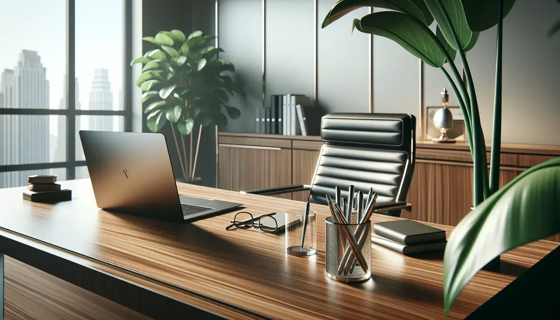 Modern office setup with a wooden desk, silver laptop, pens in a glass holder, green potted plant, black leather chair, and abstract wall art.