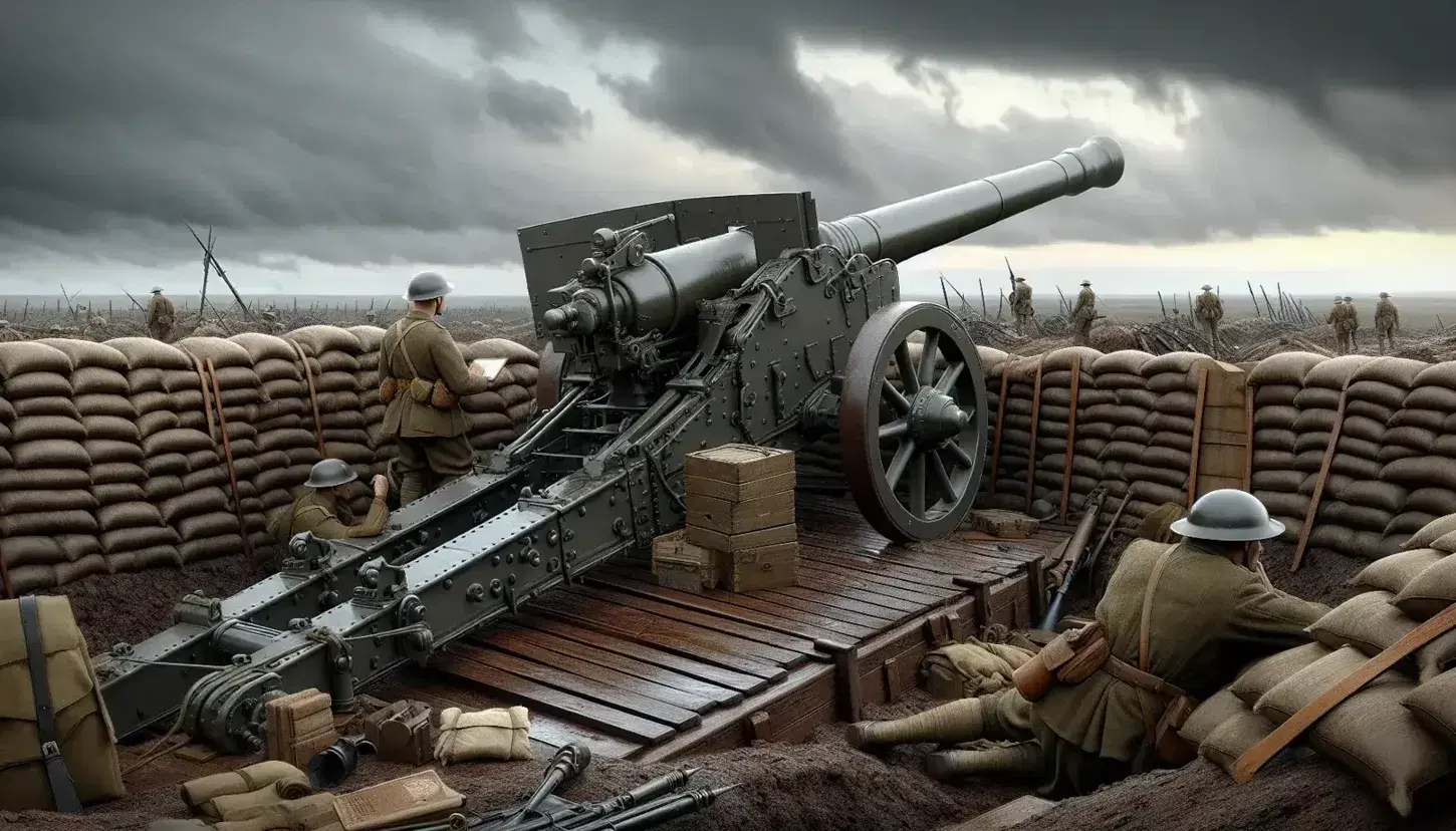 Cannone della Prima Guerra Mondiale su piattaforma di legno con soldati, sacchi di sabbia, cielo nuvoloso e oggetti militari sparsi.