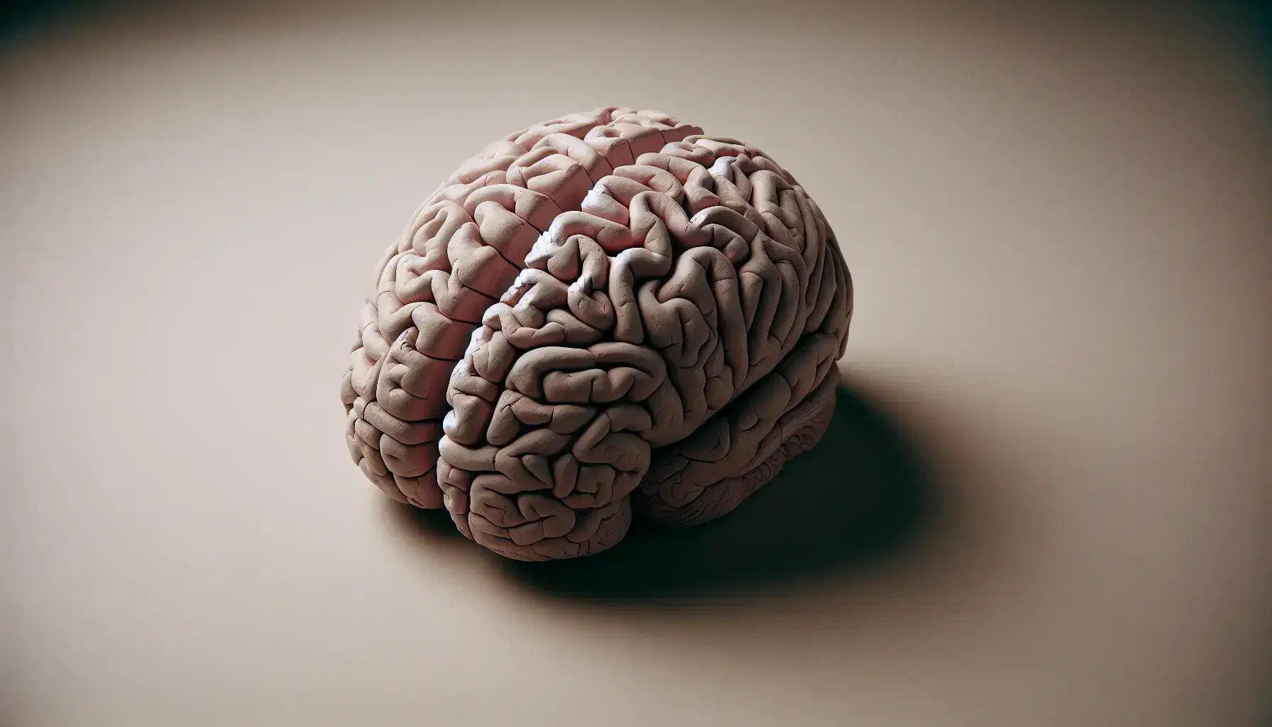 Modello anatomico dettagliato di cervello umano in argilla su sfondo neutro, evidenziando la complessa struttura cerebrale.