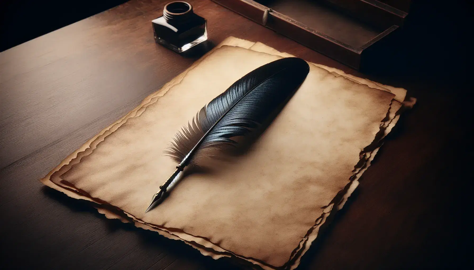 Quill pen with iridescent hues on aged parchment and brass inkwell on a dark wooden desk, evoking a historical writing scene.