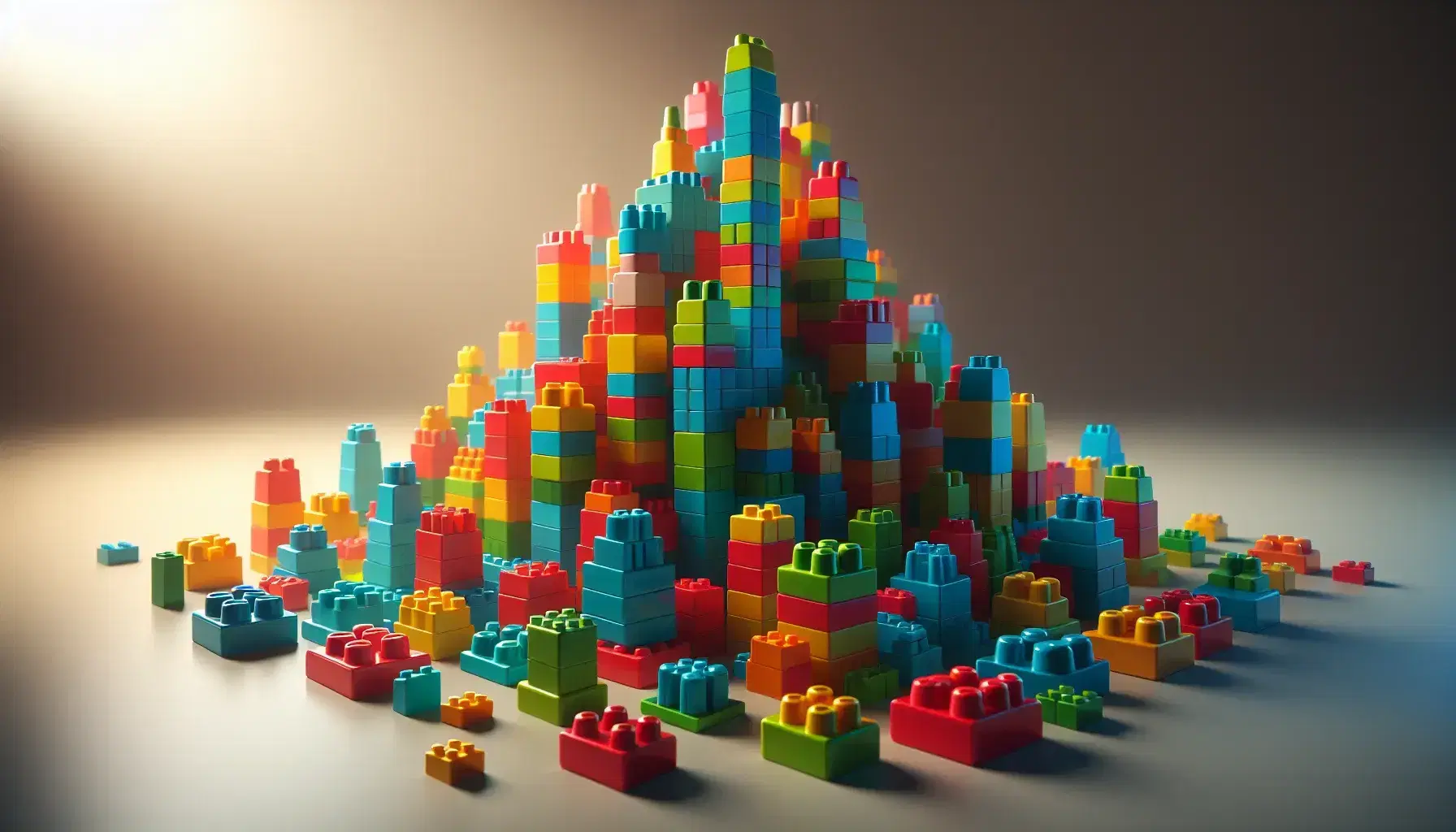 Bloques de construcción de plástico coloridos apilados en forma de torre sobre superficie lisa, con sombras suaves que resaltan su tridimensionalidad.