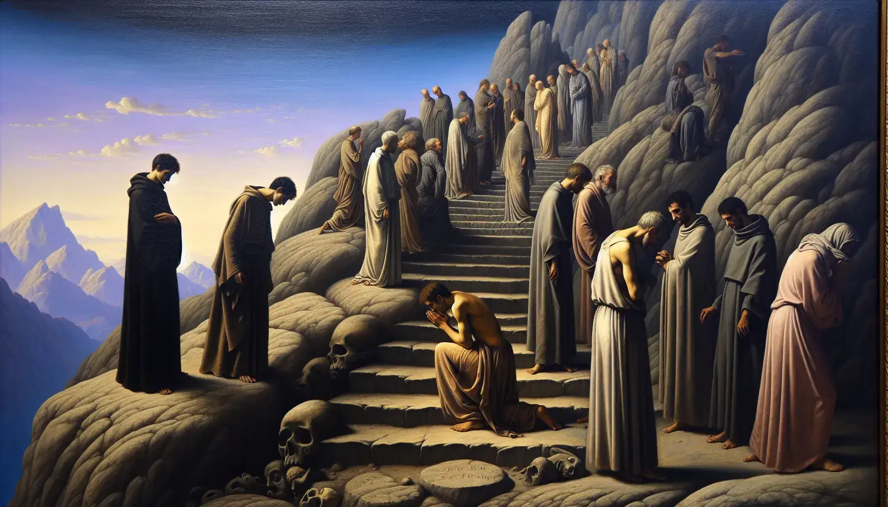 Dante e Virgilio incontrano anime penitenti sulle scale di una montagna rocciosa nel Purgatorio, in un dipinto che evoca l'arte medievale.