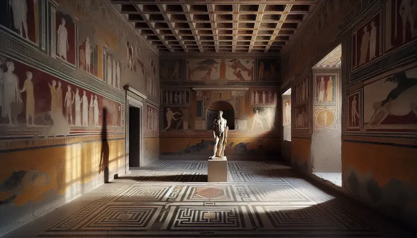 Interno di una villa romana a Pompei con affreschi ben conservati in rosso pompeiano, giallo ocra e blu, mosaici geometrici e statua marmorea.