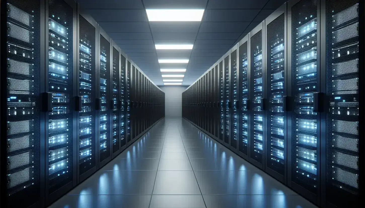 Modern server room with rows of black cabinets illuminated by blue LEDs, light gray glossy floor and soft overhead lighting.