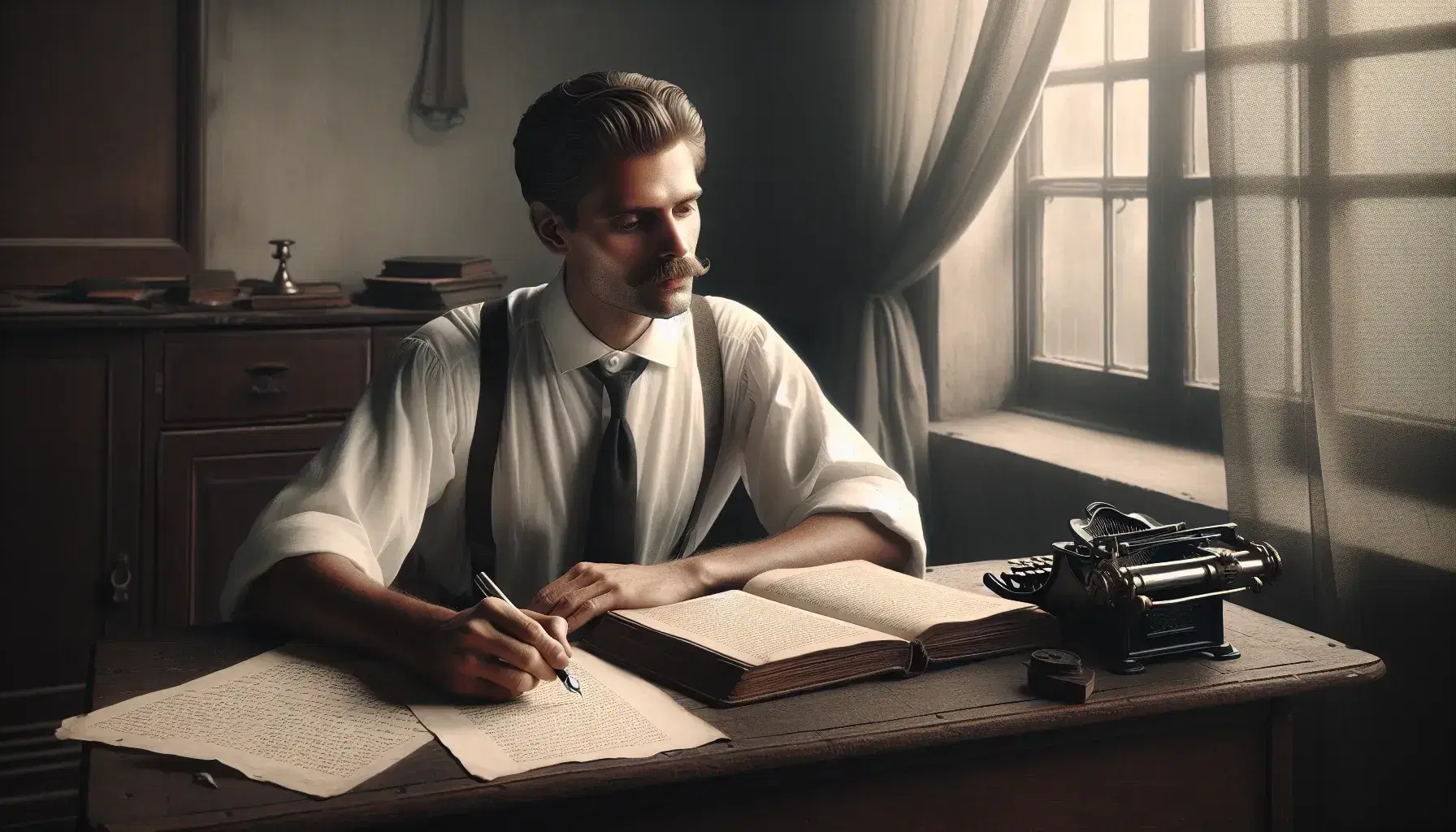 Vintage photograph of a pensive man with a mustache at a wooden desk, an open book, fountain pen, and papers in front of him, in a softly lit room.