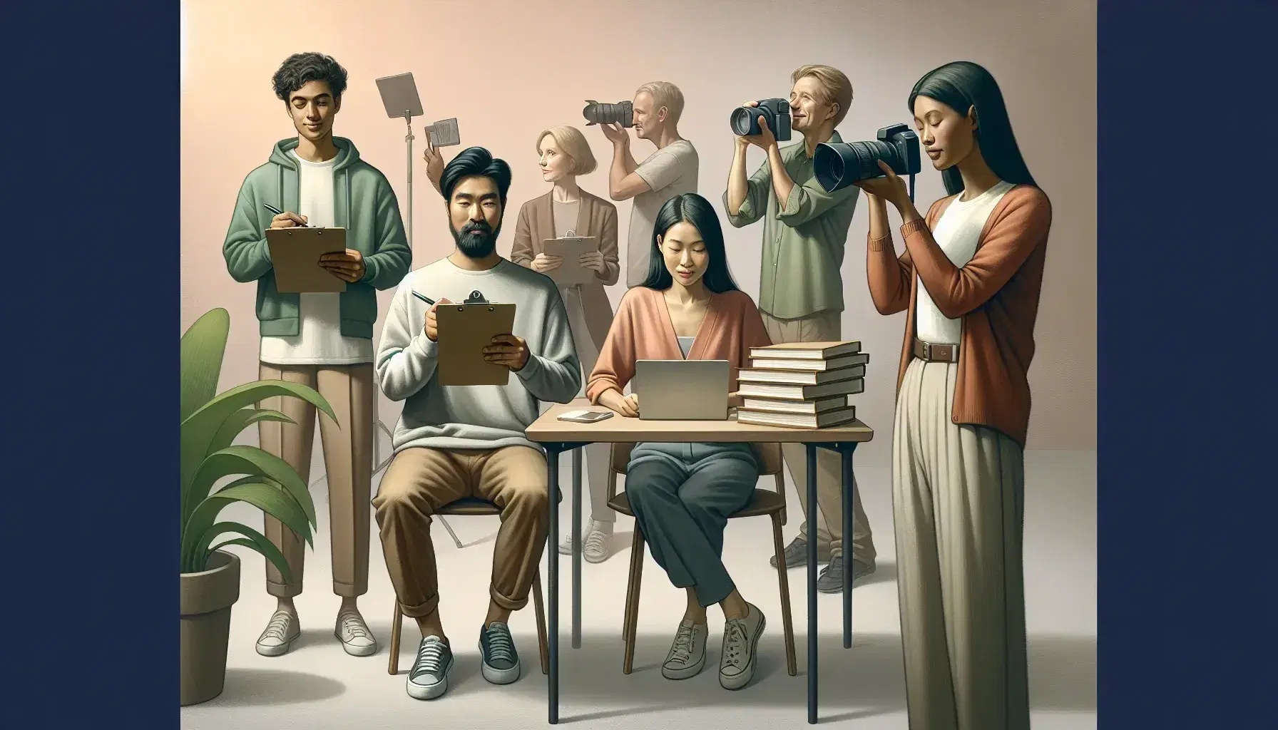 Multiethnic group collects data: Caucasian woman with clipboard, South Asian man with video camera, black woman at laptop, Hispanic man with books.