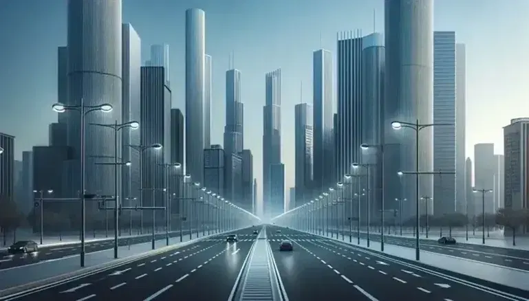 Modern cityscape with parallel skyscrapers, a transversal road, and vibrant vehicles under a gradient blue sky, highlighting architectural parallelism.